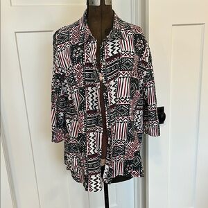 Liz & Me Black and White & red Patterned button up blouse 3/4 sleeve with sz 2X